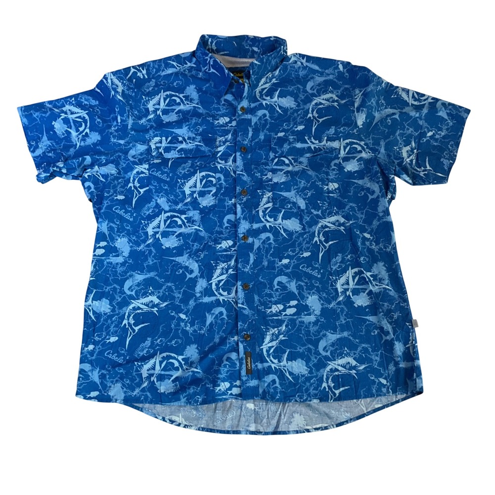 Cabela's Fishing Shirt Men 2XL Blue Marlin Sailfish Print Short Sleeve Button Up